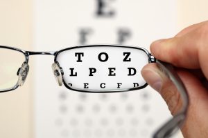 A pair of glasses making letters on eye test chart in focus.